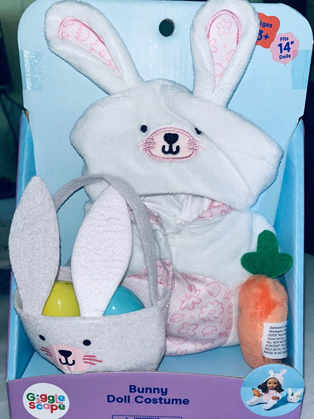 White & Pink Bunny Doll Outfit with Basket and Carrot